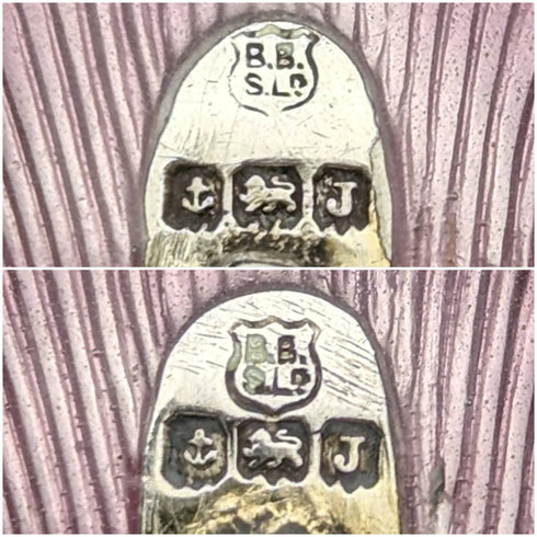 1933 British vintage pair of sterling silver demitasse spoons with enamel decoration